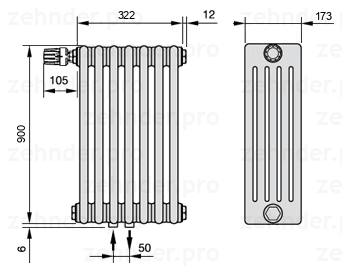 Схема (чертеж) Радиатор Zehnder Charleston 5090/7 №V007 Белый глянцевый RAL 9016